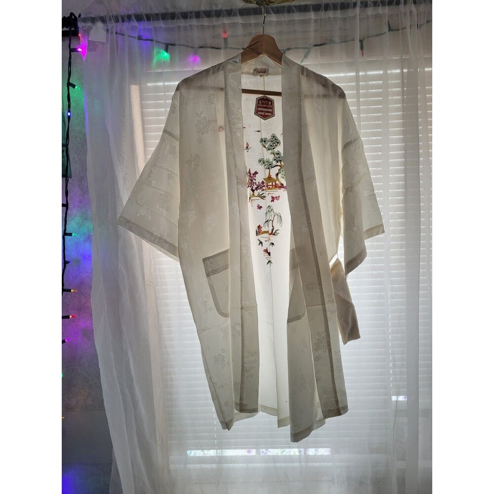 GOLDEN BEE Kimono Robe Womens XL White Embroidered Belted Floral Pockets NWT
